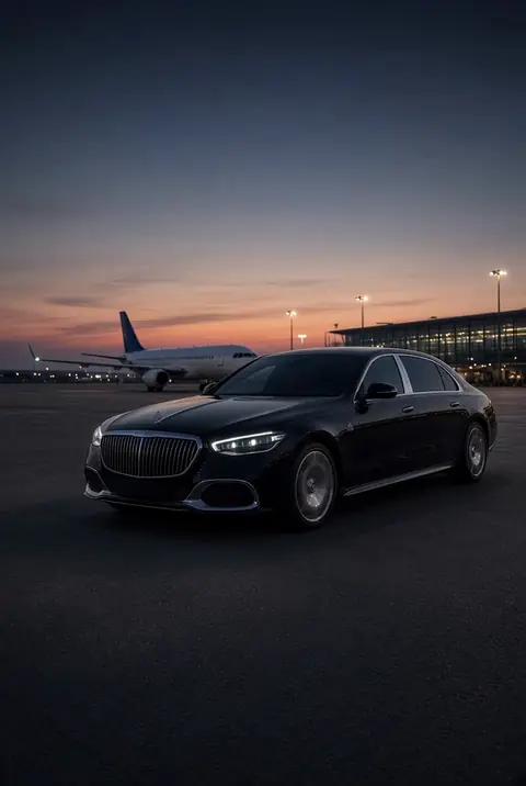 Luxury chauffeured vehicle approaching on an airport tarmac